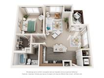 A 3D floor plan of a small apartment with a kitchen, living room, and bedroom.
