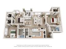 A 3D floor plan of a 3 bedroom apartment with a kitchen, living room, and bathrooms.
