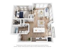 A 3D floor plan of a small apartment with a kitchen, living room, and bedroom.
