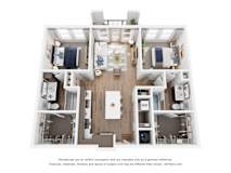 A 3D floor plan with a kitchen, living room, and two bedrooms.