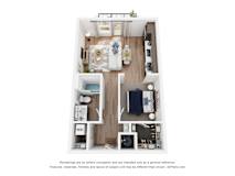 A 3D floor plan of a studio apartment with a kitchen, living room, and bathroom.