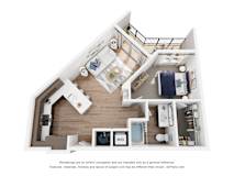 A 3D floor plan of a house with a kitchen, living room, and bathroom.