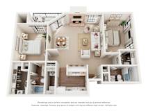 A 3D floor plan of a house with labeled rooms.