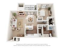 A 3D floor plan of a small apartment with a kitchen, living room, and bathroom.
