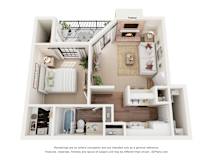 A 3D floor plan of a small apartment with a kitchen, living room, and bathroom.