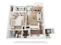 A 3D floor plan of a house with a living room, kitchen, and bathroom.