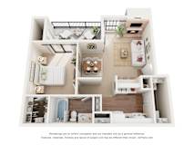 A 3D floor plan of a small apartment with a kitchen, living room, and bathroom.