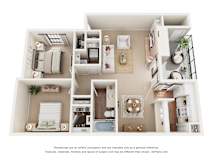 A 3D floor plan of a house with multiple rooms.