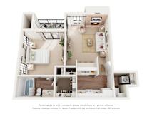 A 3D floor plan of a house with a kitchen, living room, and bathroom.