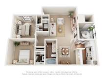 A 3D floor plan of a house with multiple rooms and furniture.