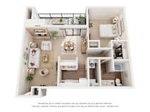 A 3D floor plan of a house with labeled rooms.