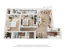 A 3D floor plan of a house with a kitchen, living room, and bathroom.