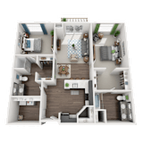 3d view of a 3 bedroom floor plan of a 2100 sq ft apartmentat SoRoc On Maine, Rochester Minnesota