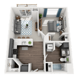 a 3d drawing of a bedroom with a bathroom and a living roomat SoRoc On Maine, Rochester, MN