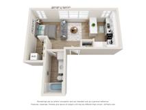 a stylized floor plan with a bedroom and a living roomat SoRoc On Maine, Rochester, 55904