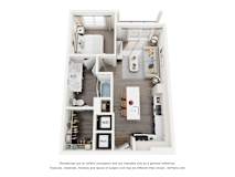 A 3D floor plan of a 1-bedroom apartment home with a kitchen, living room, and bathroom.