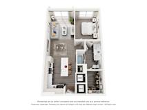 A 3D floor plan of a 1-bedroom apartment with a kitchen, living room, and bathroom.