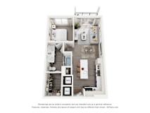 A 3D floor plan of a 1-bedroom apartment home with a kitchen, living room, and bathroom.