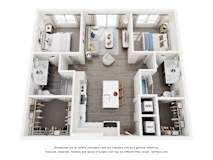 A 3D floor plan of a 2-bedroom apartment home with a kitchen and living room.