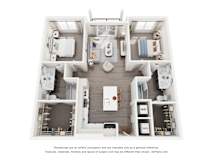 A 3D floor plan of a 2-bedroom apartment home with a kitchen and living room.