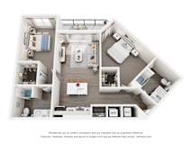 A 3D floor plan of a 2-bedroom apartment home with a kitchen, living room, and bathroom.