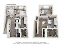 A 3D floor plan of a 2-bedroom townhouse apartment home