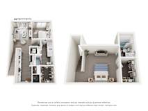 a 3D floor plan of a 2-bedroom townhouse with a kitchen, living room, and bathrooms.