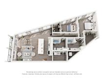 A 3D floor plan of a 2-bedroom apartment home with a kitchen and living room.