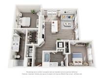 A 3D floor plan of a 2-bedroom apartment home with a kitchen, living room, and bathroom.
