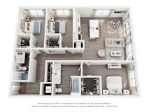 A 3D floor plan of a 3-bedroom apartment home.