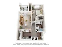 A 3D floor plan of a 1-bedroom apartment with a kitchen, living room, and bathroom.