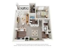 A 3D floor plan of a 1-bedroom apartment with a kitchen, living room, and bathroom.