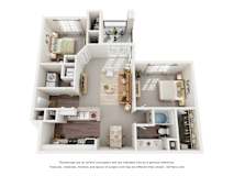 A 3D floor plan of a 2-bedroom with a kitchen, living room, and bathroom