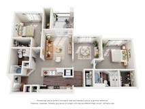 A 3D floor plan of a 2-bedroom with a kitchen, living room and bathroom.