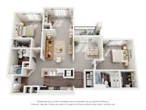 A 3D floor plan of a 2-bedroom apartment with a kitchen, living room and 2 bathrooms