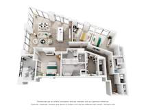 A 3D floor plan of a 3 bedroom apartment with a kitchen, living room, and 3 bathrooms