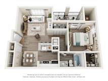 A 3D floor plan of a 1-bedroom apartment with a kitchen, living room, and bathroom.
