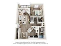 A floor plan of an apartment with a kitchen, living room, and two bedrooms.
