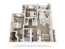 A 3D floor plan of a 2-bedroom apartment with a kitchen, living room, and bathroom.