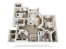 A 3D floor plan of an apartment with a kitchen, living room, and two bedrooms.