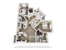 A 3D floor plan of a house with a kitchen, living room, and bathrooms.