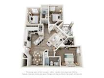 A 3D floor plan of an apartment with a kitchen, living room, and three bedrooms.