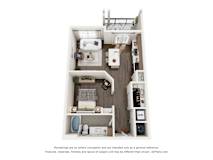 A 3D floor plan of a junior 1 bedroom apartment with a kitchen, living room, and bathroom.