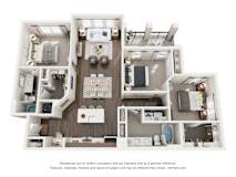 A 3D floor plan of a 3 bedroom apartment with a kitchen, living room, and bedrooms.