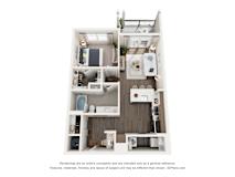 A 3D floor plan of a 1 bedroom apartment with a kitchen, living room, and bathroom.
