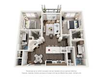 A 3D floor plan of a 2 bedroom apartment with a kitchen, living room, and bedrooms.