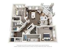 A 3D floor plan of a 2 bedroom apartment home with a kitchen, living room, and bathrooms.