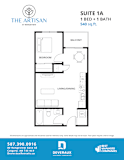 Suite 1A Floor Plan - a floor plan for a 1 bedroom and 1 bathroom suite at Rangeview.at The Artisan at Rangeview, Calgary, Alberta