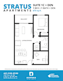 A floor plan for a suite with living and dining area and two bedrooms.