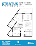 A floor plan for a suite with one bedroom and den.